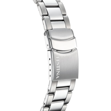 Αδιάβροχο ρολόι Festina F20623/4 με χρονογράφο, ασημί μπρασελέ, μαύρο καντράν με ένδειξη ημερομηνίας και στεφάνι διαμέτρου 44,7mm.